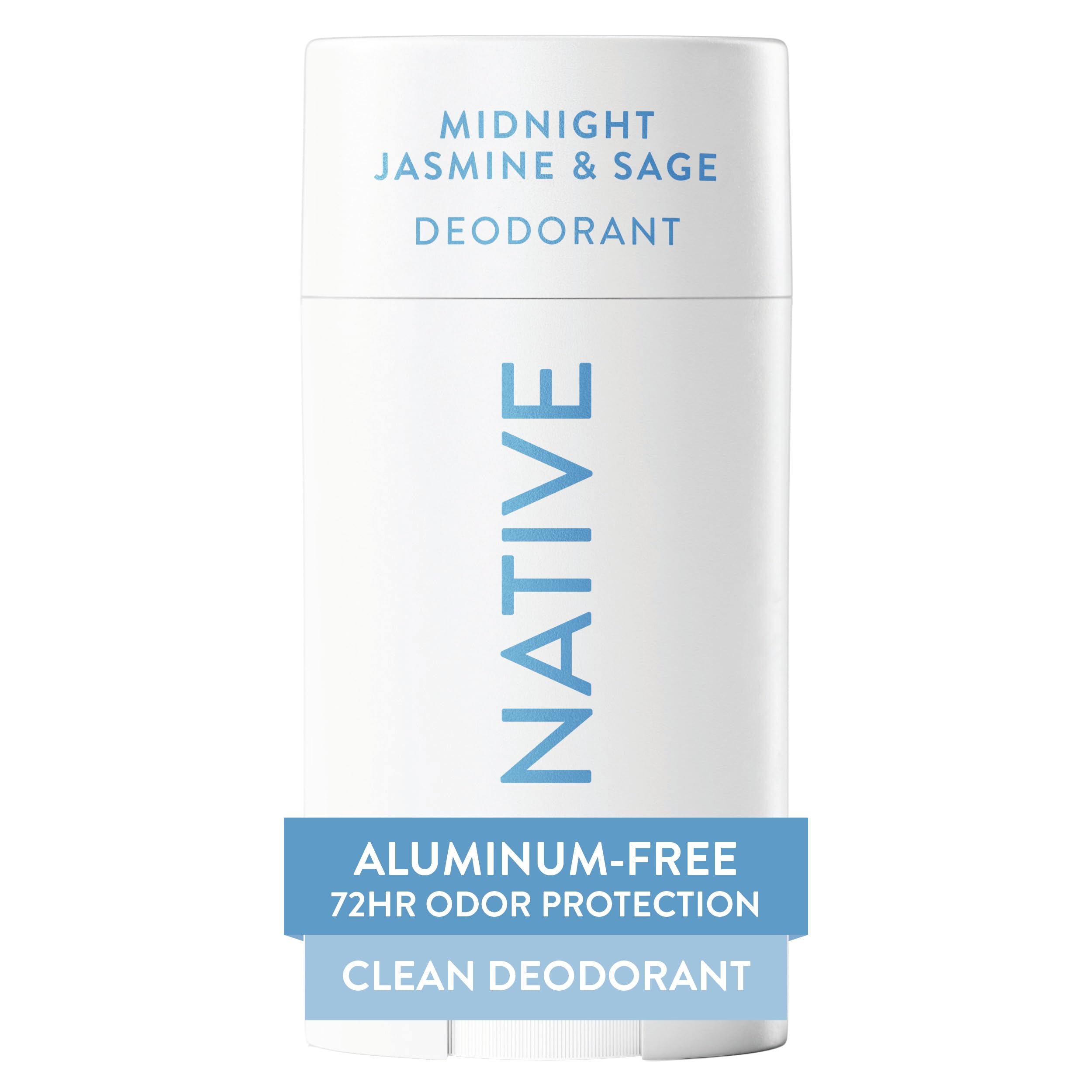 Native Midnight Jasmine & Sage deodorant bottle showing aluminum-free, all-day odor protection.