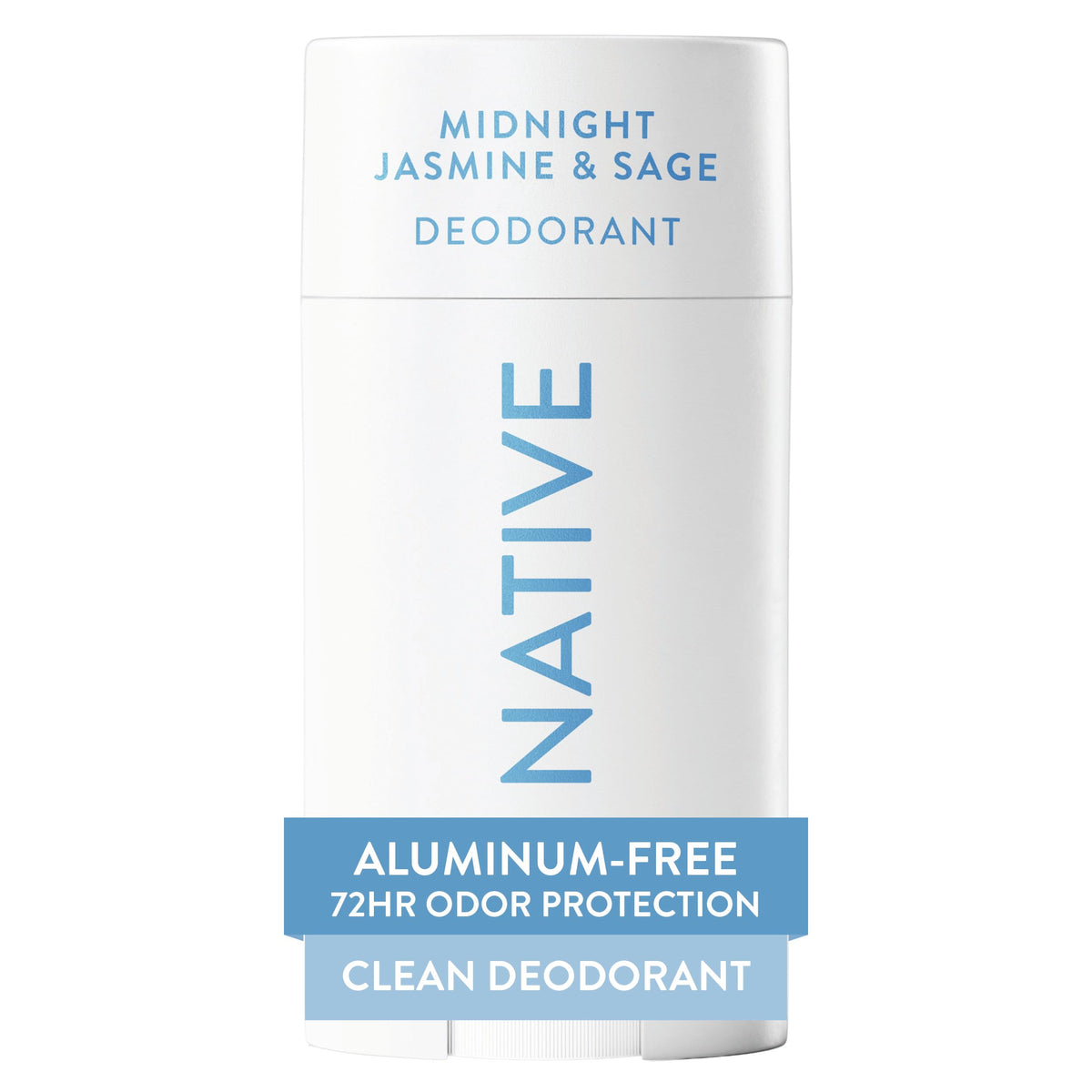 Native Midnight Jasmine & Sage deodorant bottle showing aluminum-free, all-day odor protection.