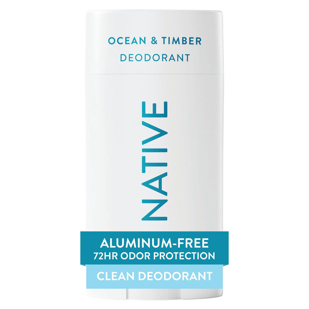 Native Ocean & Timber deodorant bottle-front view showing unisex, aluminum-free protection