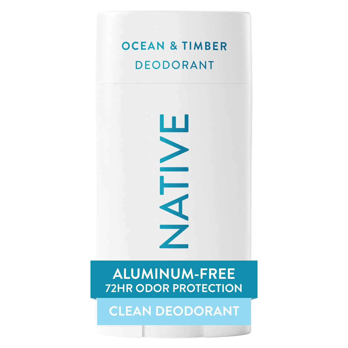 Native Ocean & Timber deodorant bottle-front view showing unisex, aluminum-free protection
