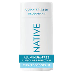 Native Ocean & Timber deodorant bottle-front view showing unisex, aluminum-free protection