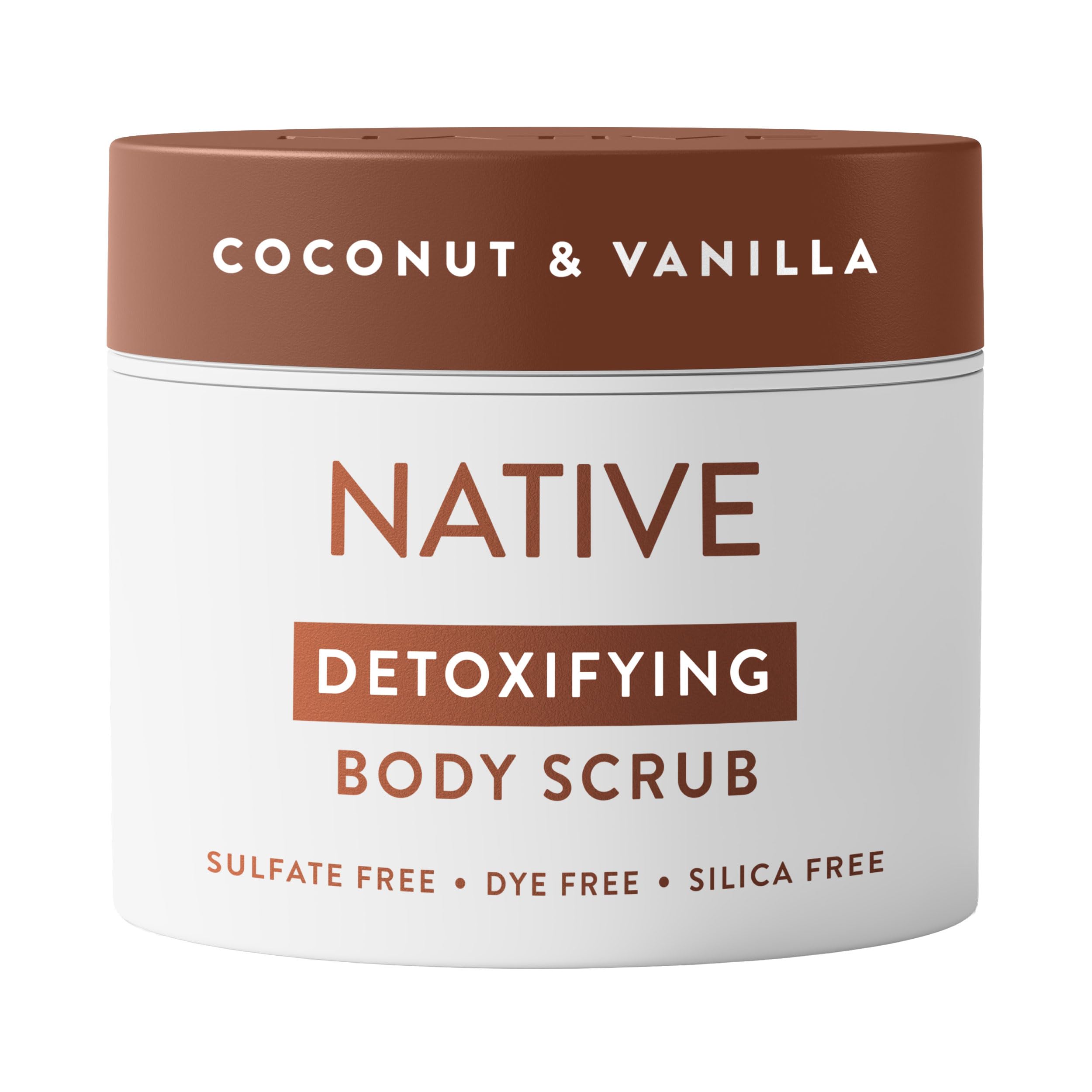 Native detoxifying exfoliating body scrub jar shows coconut-vanilla scent for smooth skin