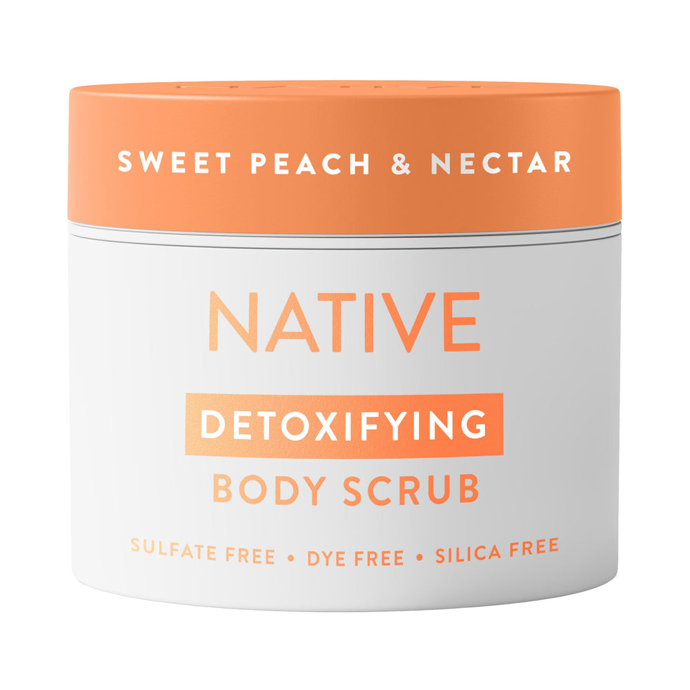 Native Detoxifying Scrub jar with Sweet Peach & Nectar aroma for smoother, refreshed skin