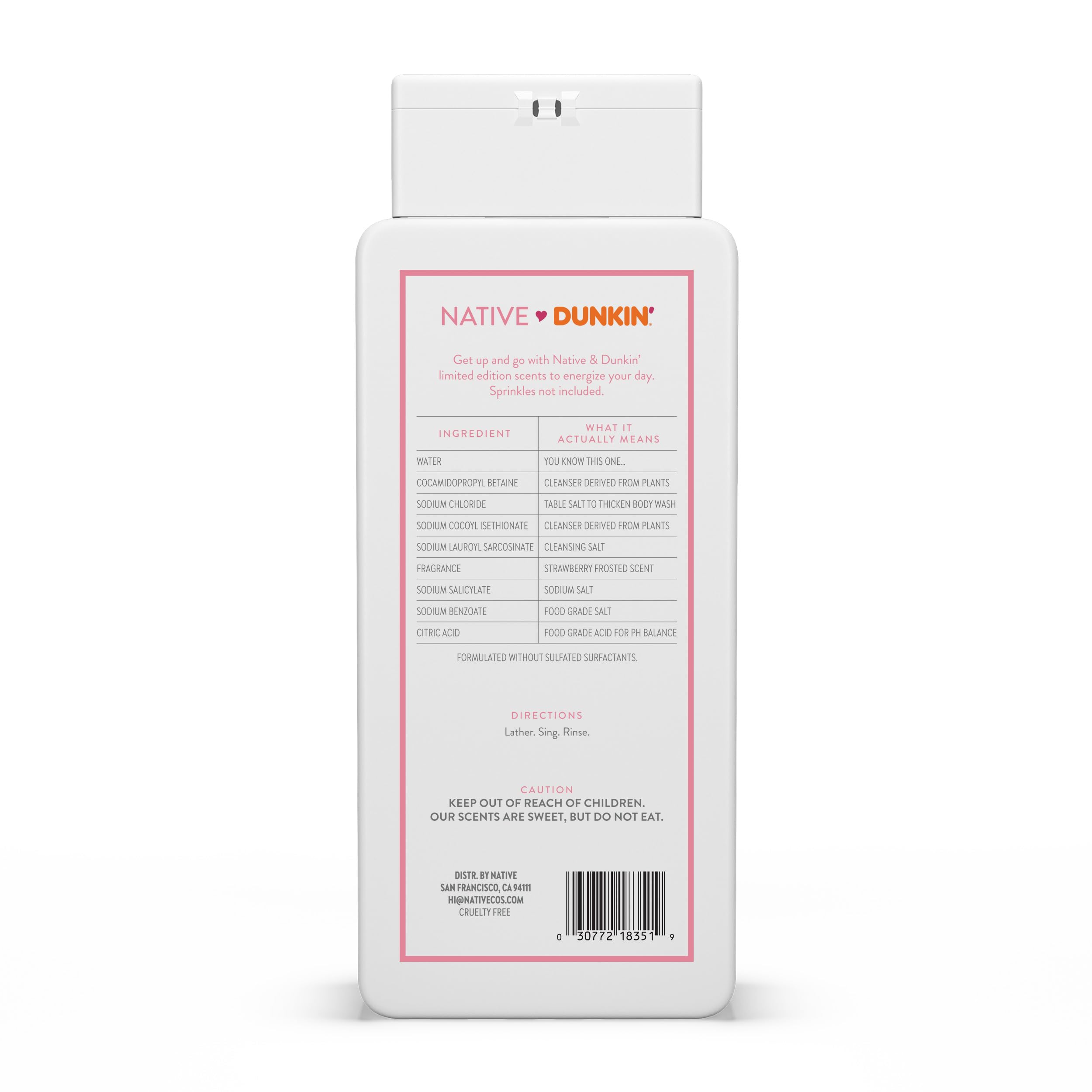 Native Dunkin Strawberry Frosted bathroom setup free of sulfates, parabens, and dyes.