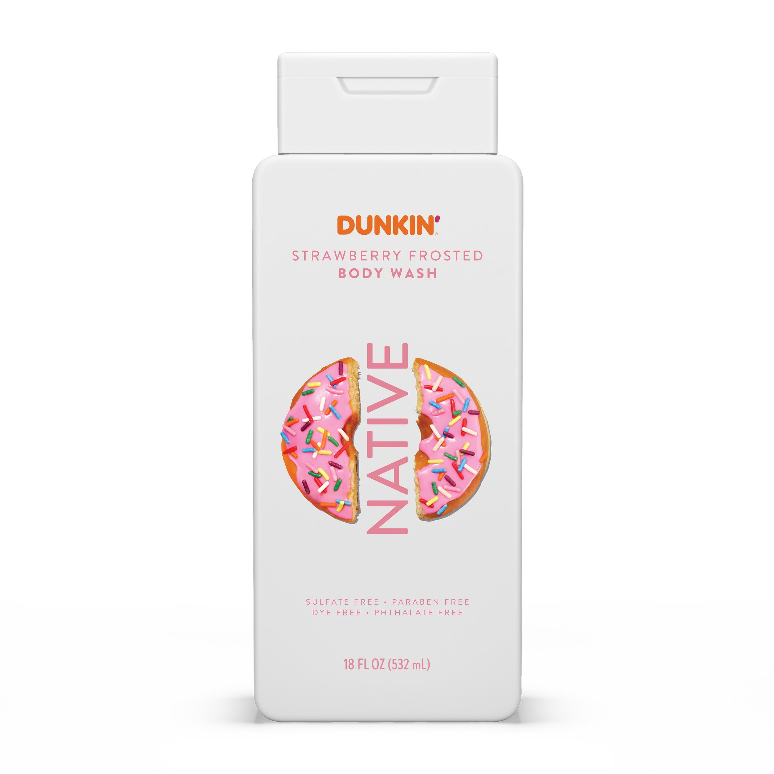 Native Dunkin Strawberry Frosted bottle—hydrating body wash for daily showers.