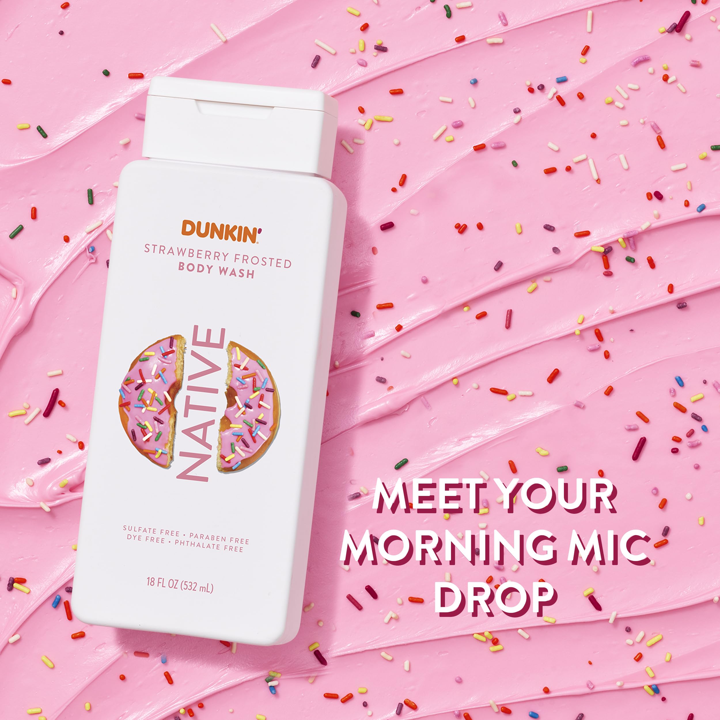 Native Dunkin Strawberry Frosted closeup of rich lather for moisturized skin.