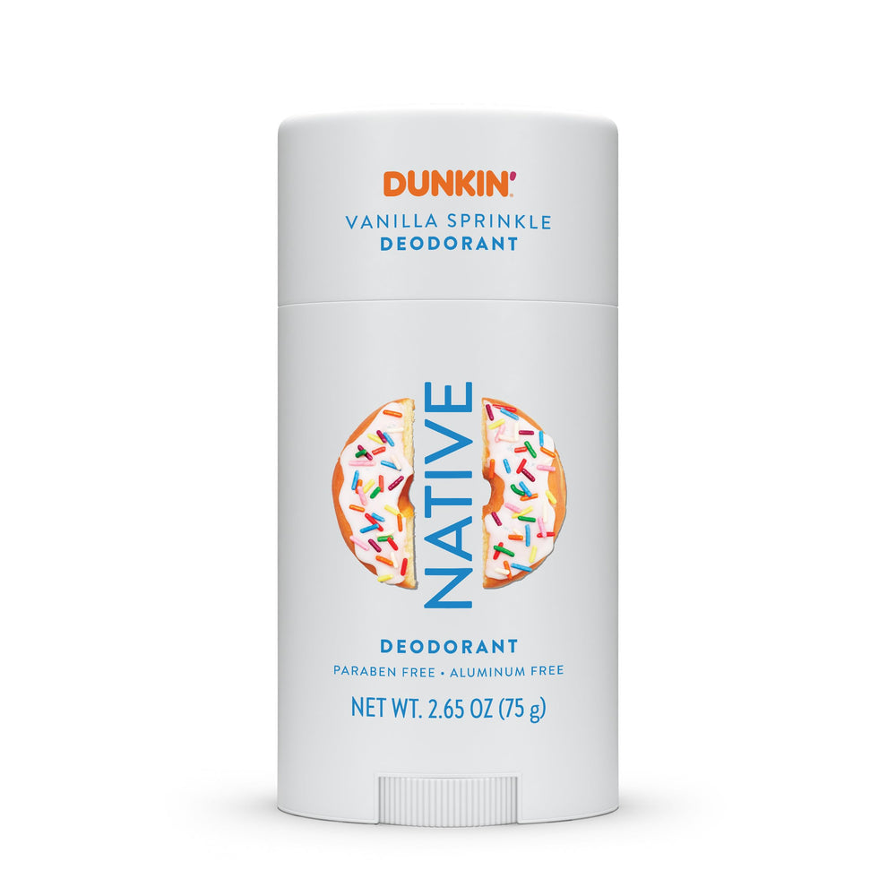 Native Dunkin Vanilla Sprinkle deodorant stick delivers all-day freshness.