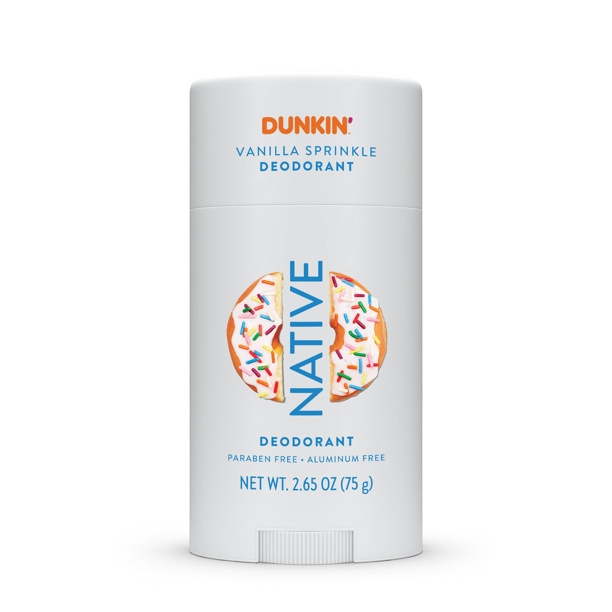 Native Dunkin Vanilla Sprinkle deodorant stick delivers all-day freshness.