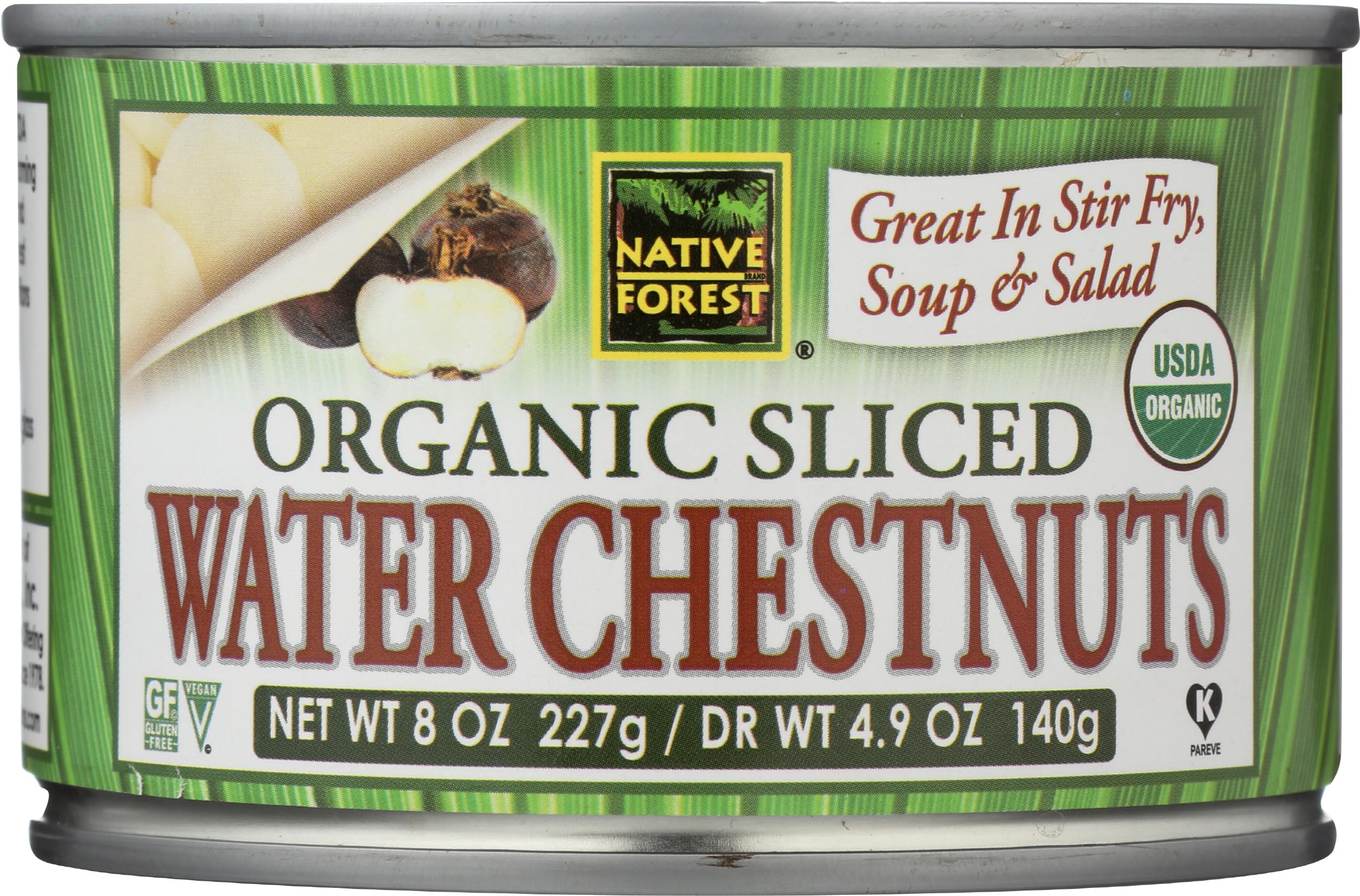 Native Forest water chestnuts slices in a can deliver crisp texture for salads.