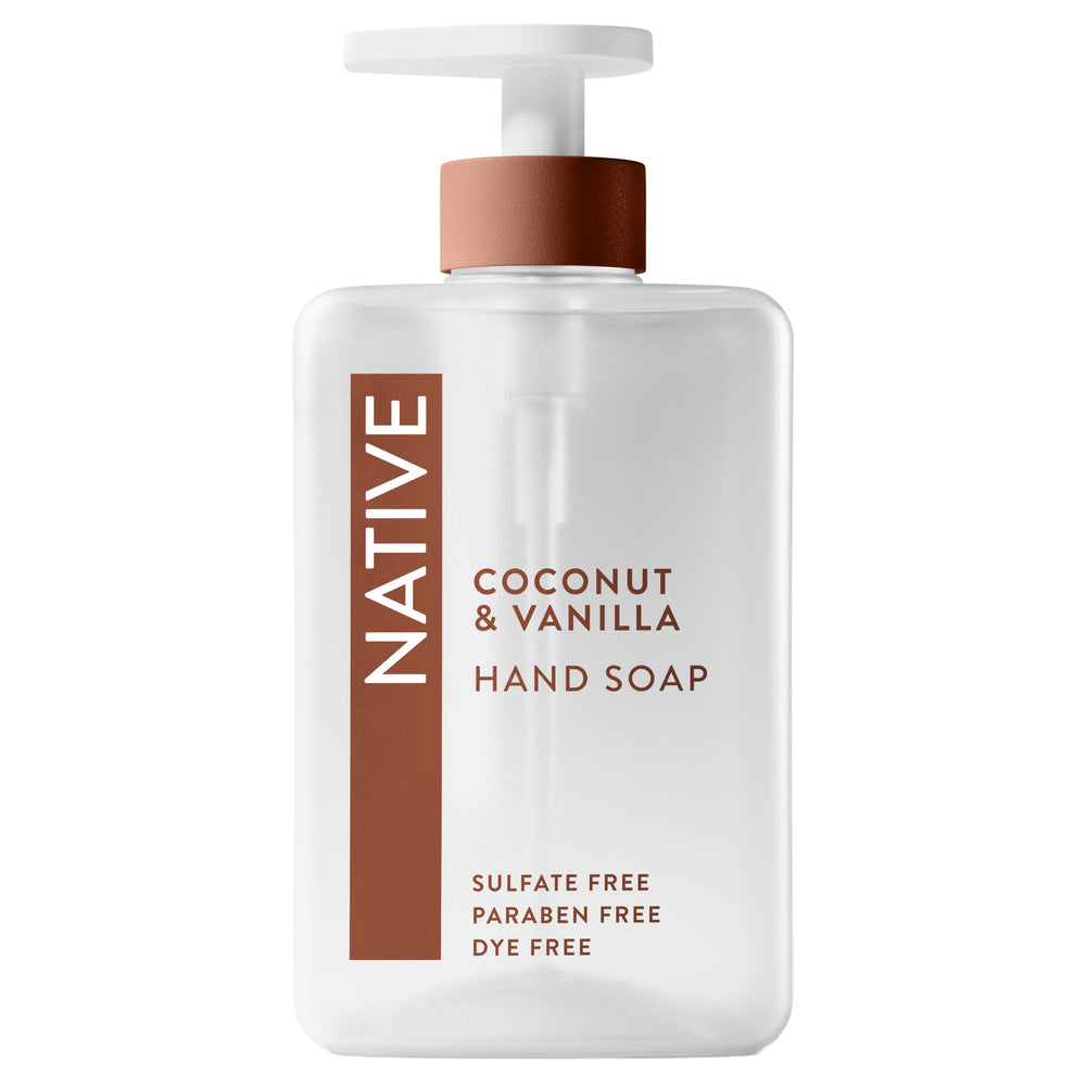 Native Liquid Hand Soap bottle with pump offers gentle cleansing and a pleasant coconut-vanilla scent.