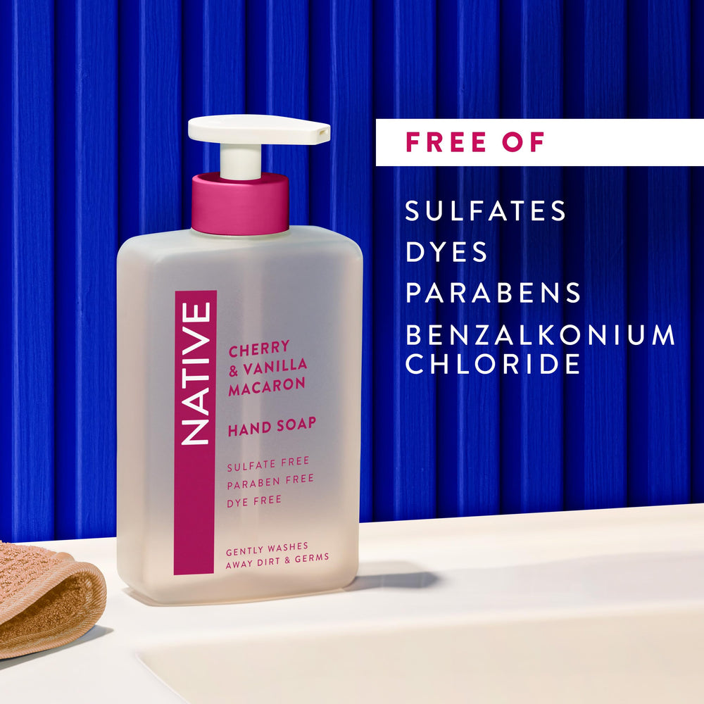 Label closeup on Native hand soap highlighting clean ingredients