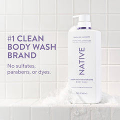 Native Moisturizing Body Wash pour shows creamy lather for soothing cleanse.
