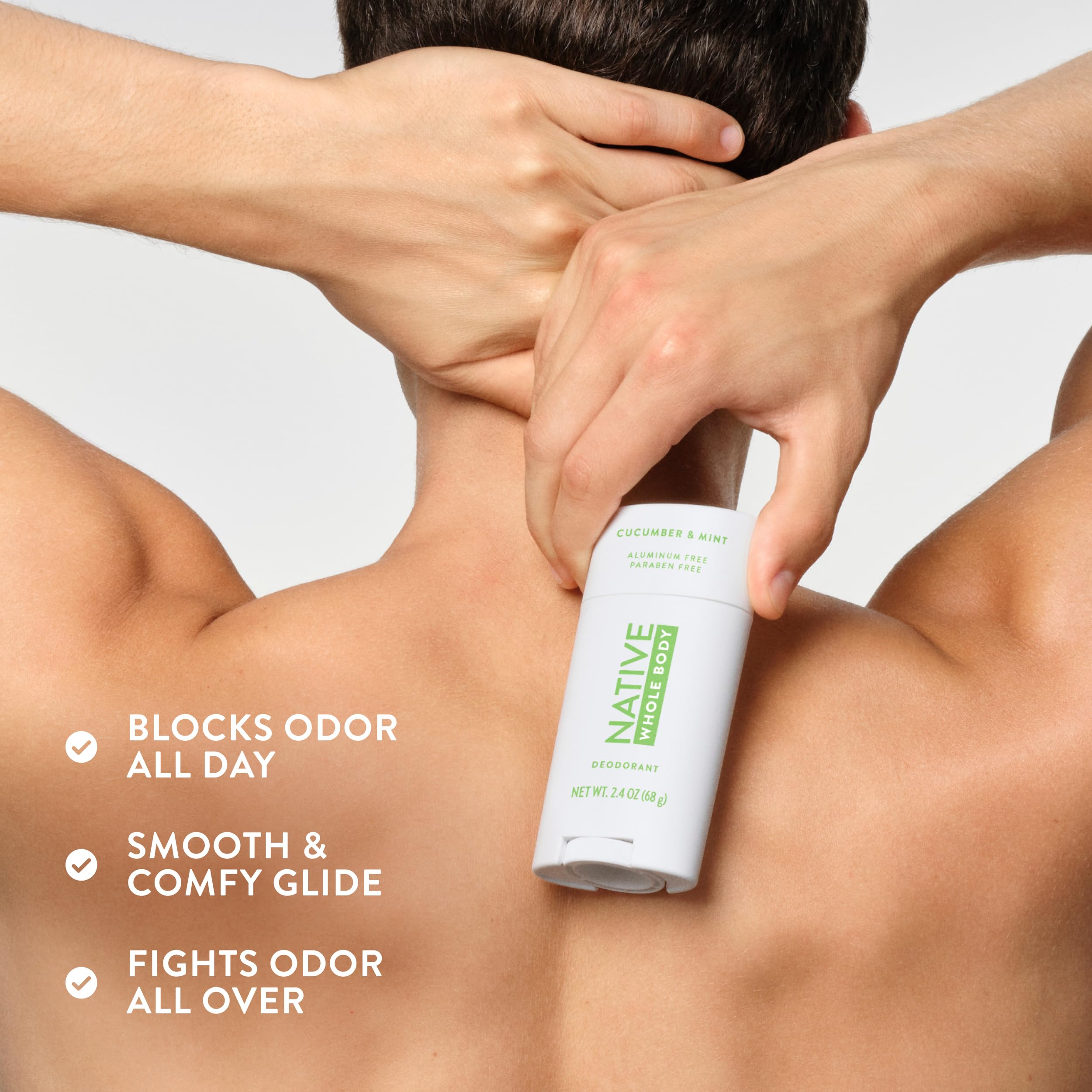 Native no residue claim showing white-marks-free deodorant on fabric