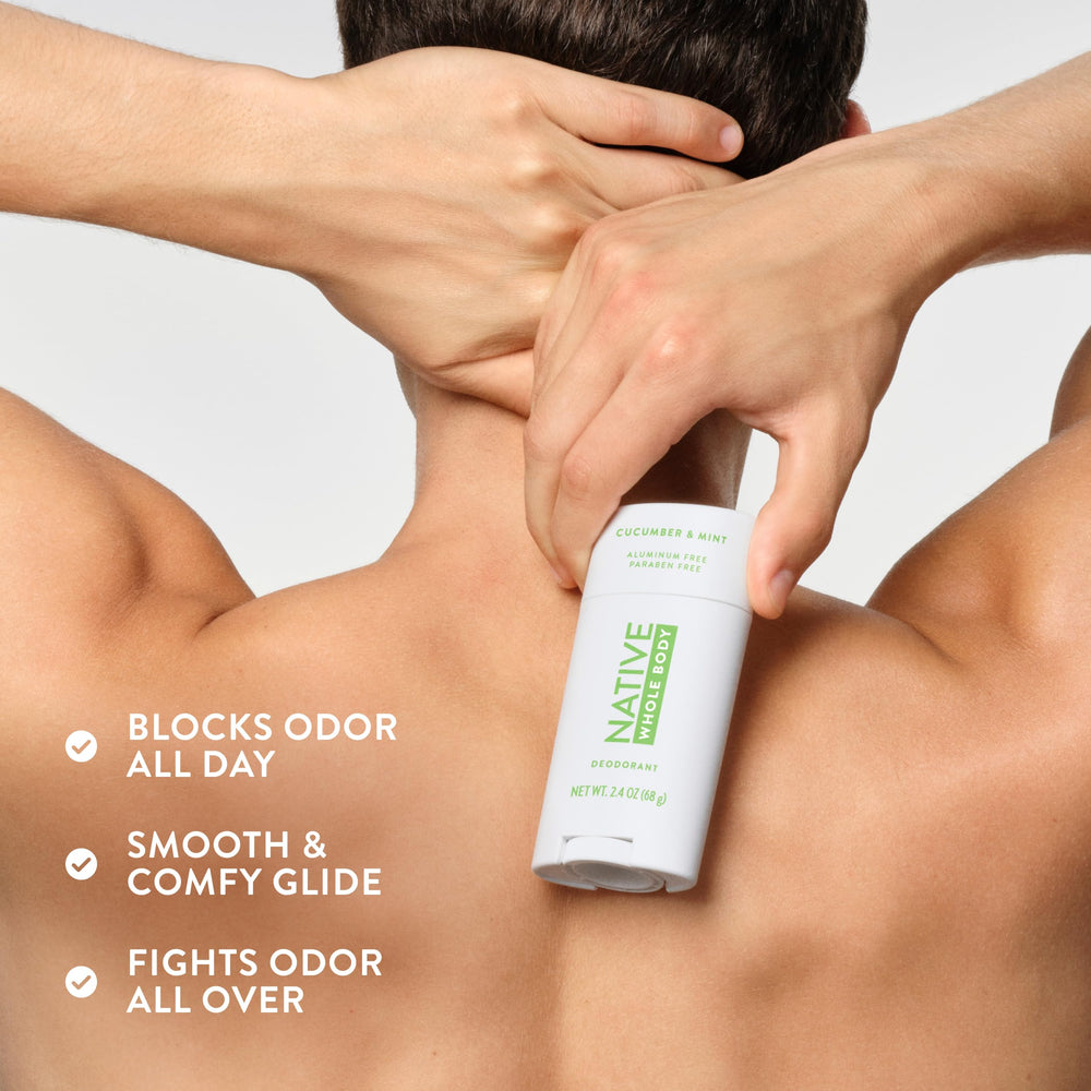 Native no residue claim showing white-marks-free deodorant on fabric