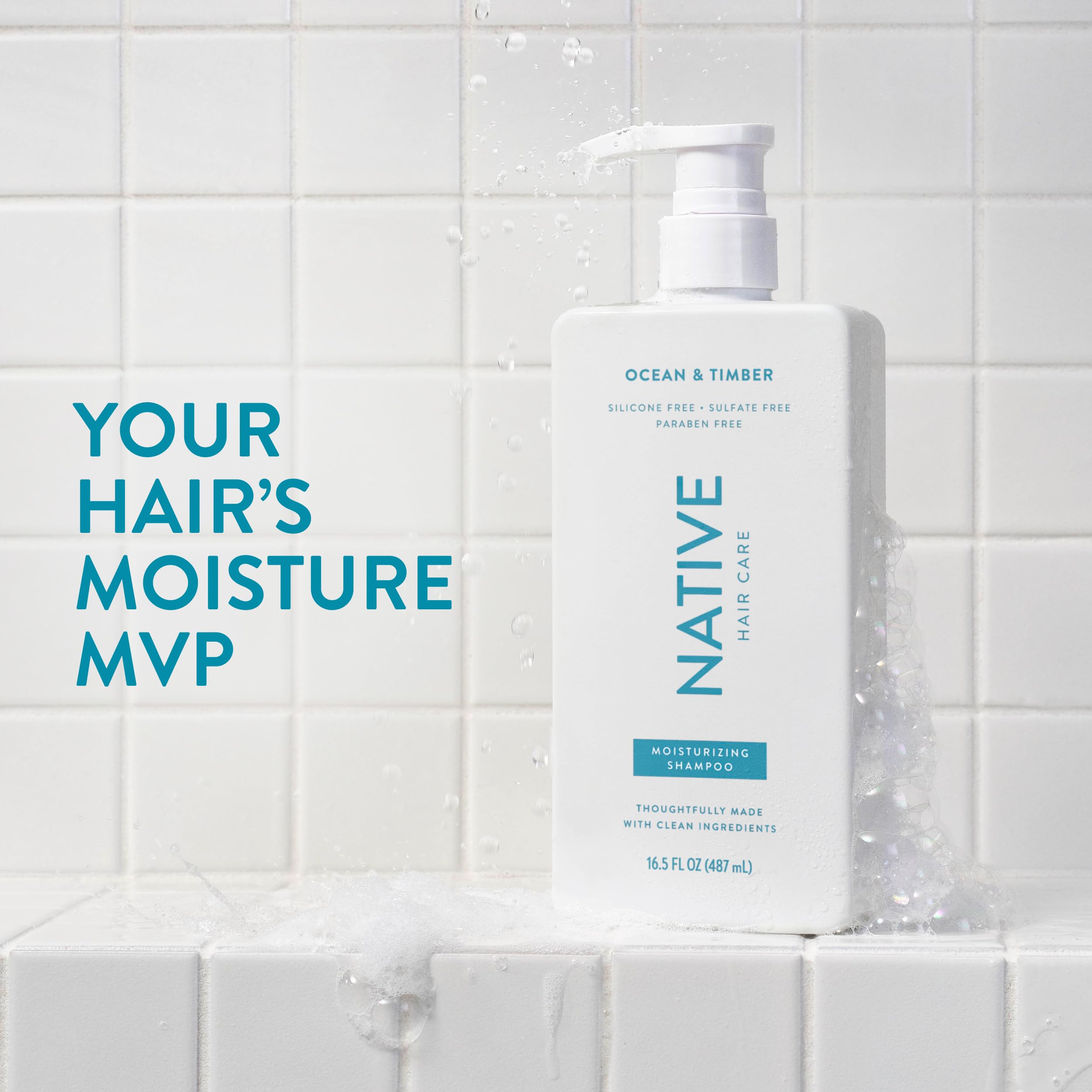 Native Ocean & Timber conditioner bottle front, hydrating care for all hair types