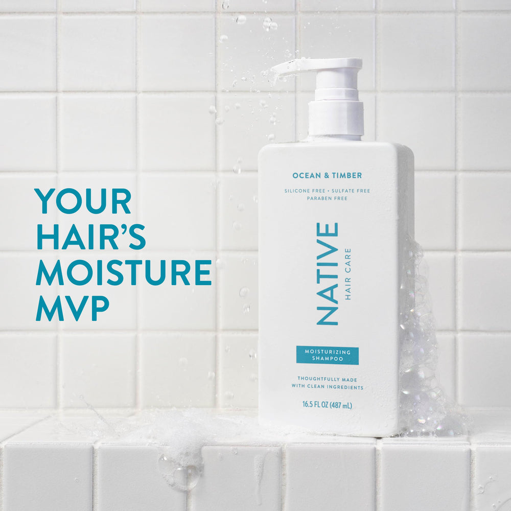 Native Ocean & Timber conditioner bottle front, hydrating care for all hair types