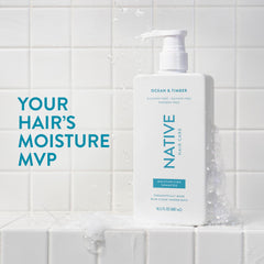 Native Ocean & Timber conditioner bottle front, hydrating care for all hair types