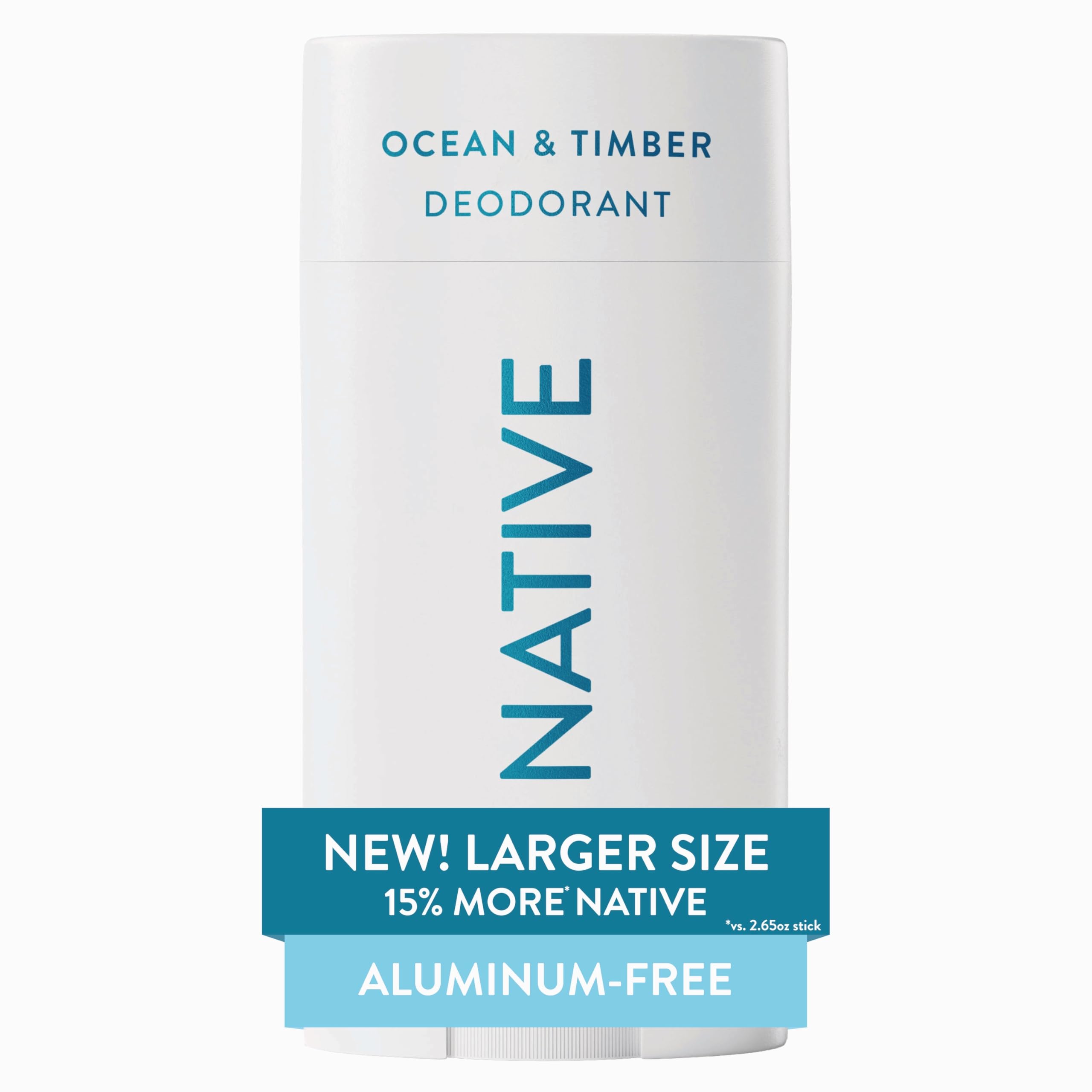 Native Ocean-Timber deodorant stick highlights aluminum-free protection for all-day freshness.