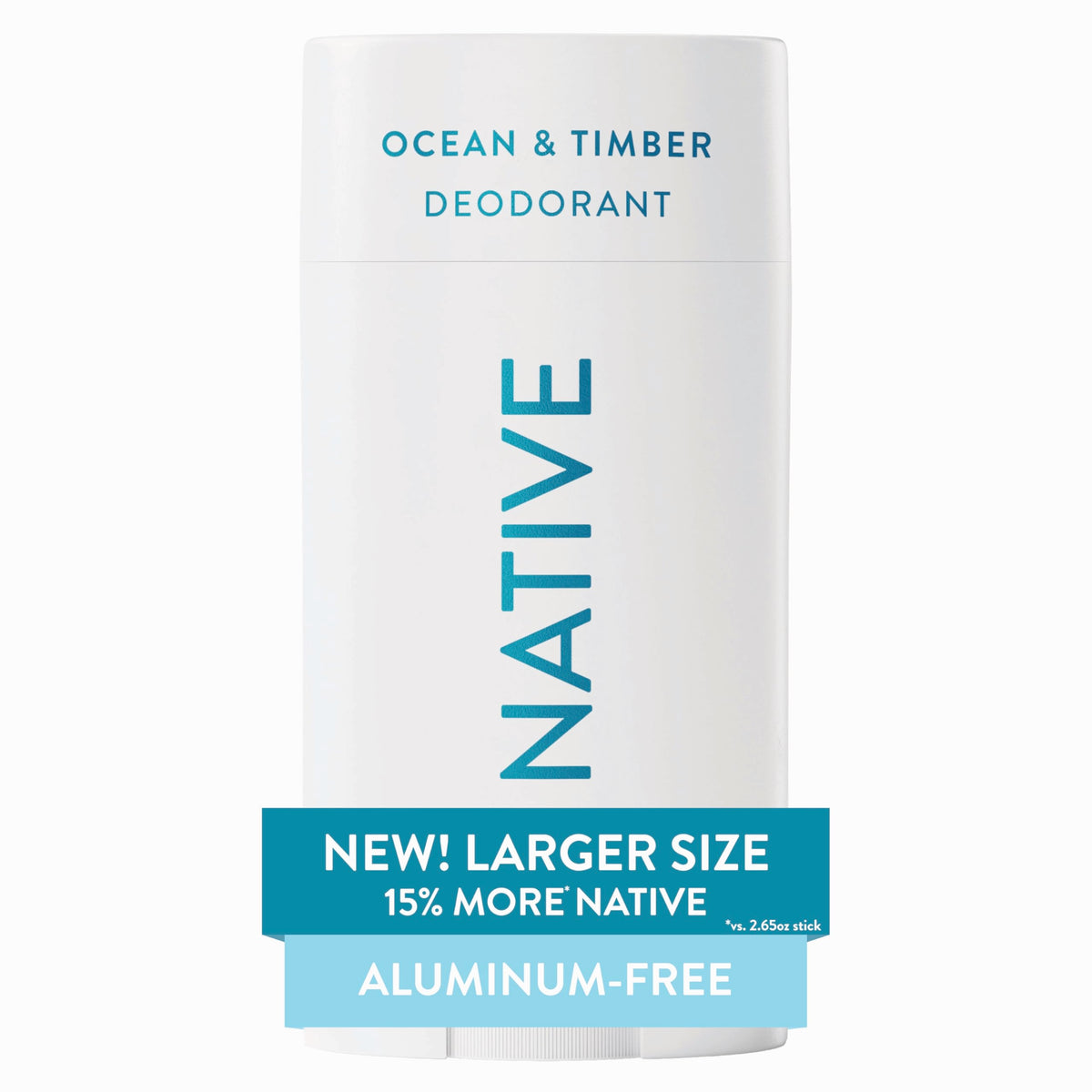 Native Ocean-Timber deodorant stick highlights aluminum-free protection for all-day freshness.