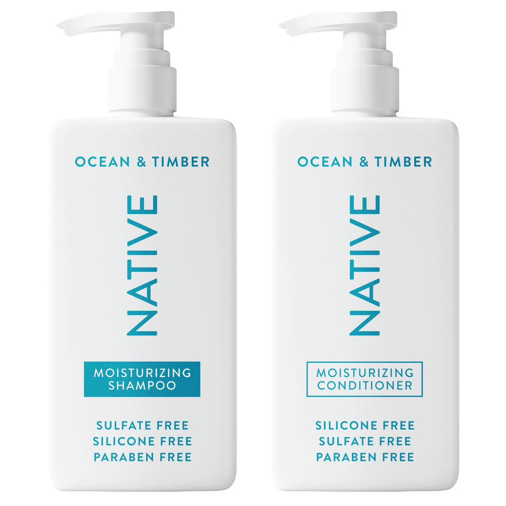 Native Ocean & Timber shampoo bottle front, sulfate-free cleansing for gentle hair care