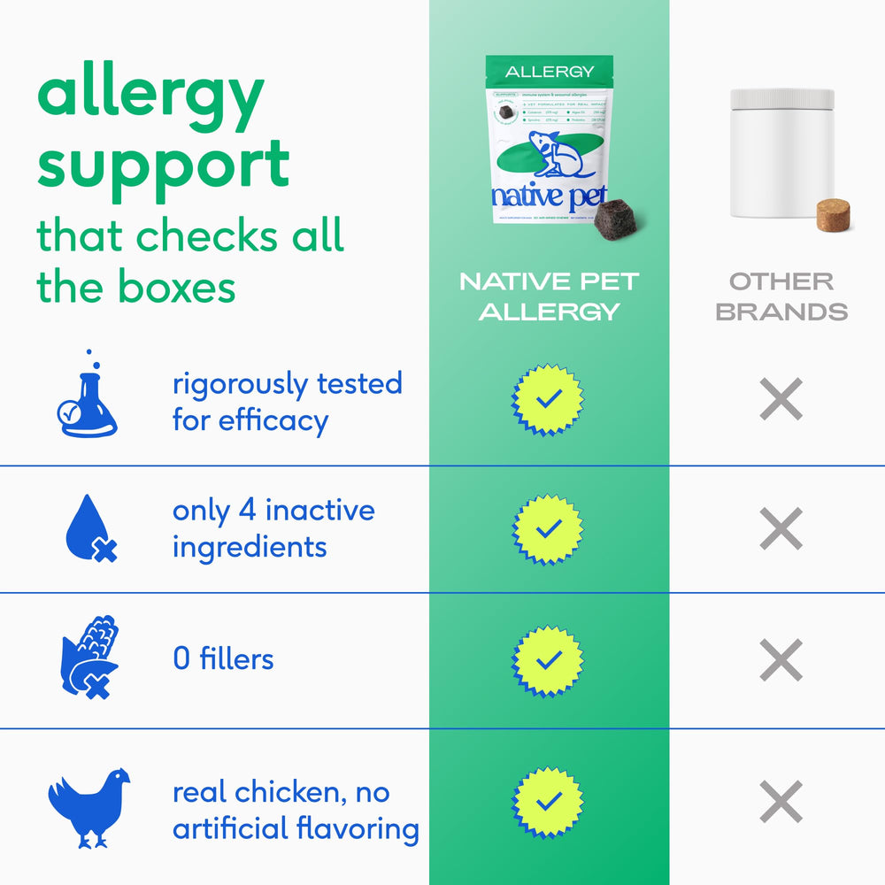 Native Pet allergy chews with chicken flavor, highlighting real ingredients for potential skin comfort.