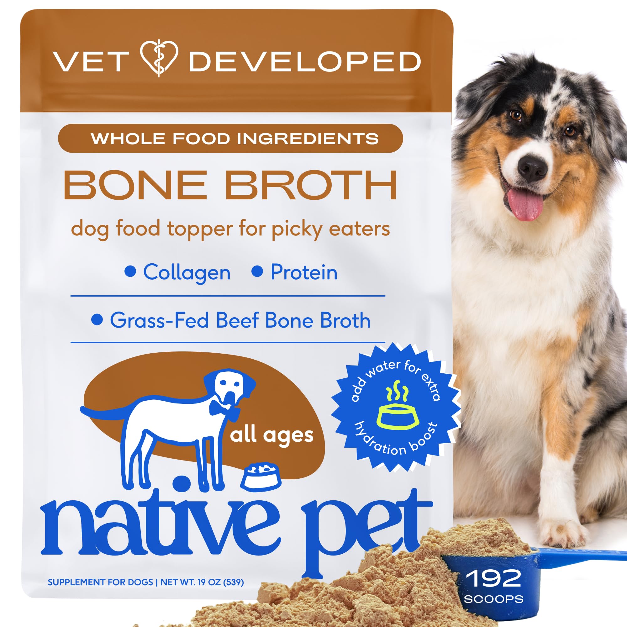 Native Pet bone broth powder bottle, a savory meal topper for dogs and cats.