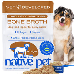 Native Pet bone broth powder bottle, a savory meal topper for dogs and cats.