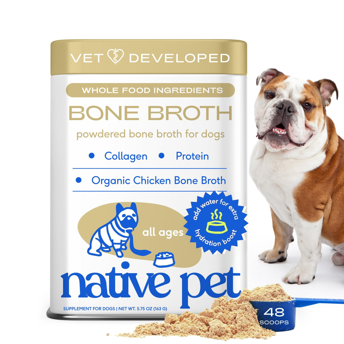 Native Pet bone broth powder chicken topper on kibble to entice picky eaters