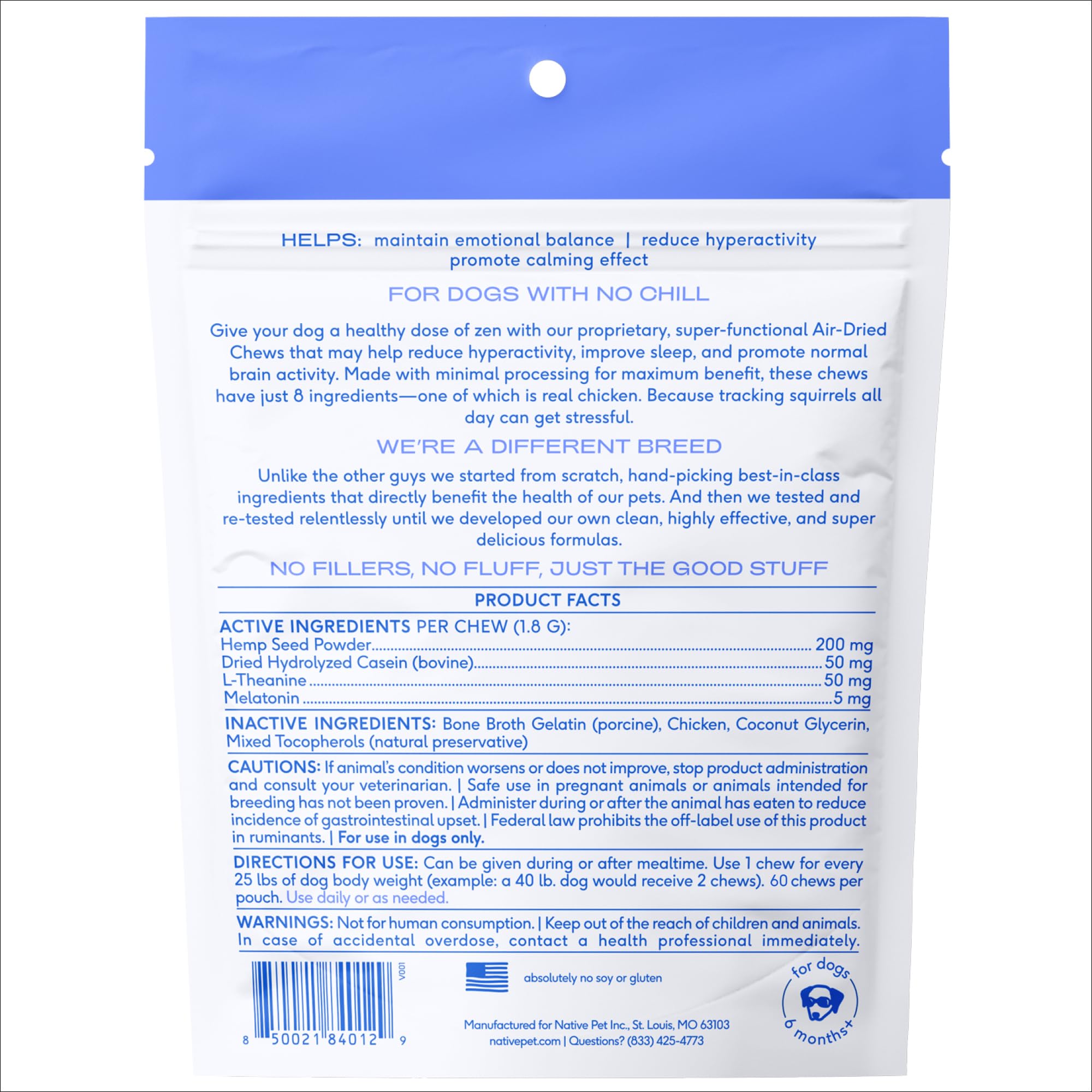 30-day supply packaging of Native Pet Calming Chews supports ongoing balance.