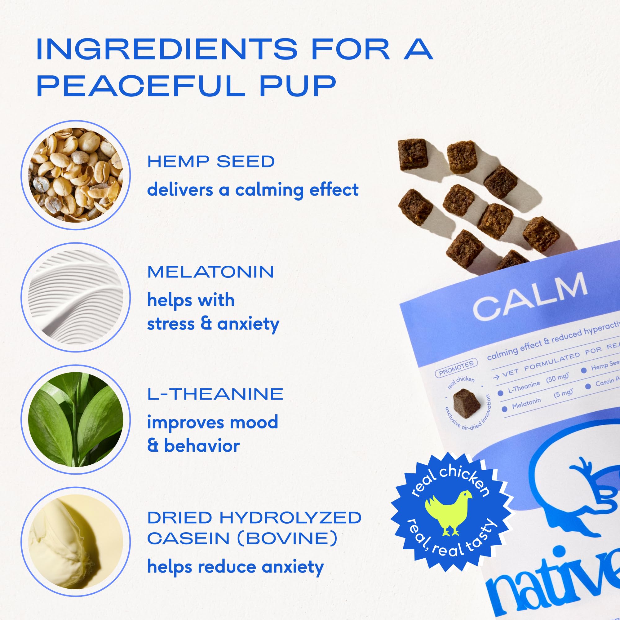 Native Pet Calming Chews chicken formulation, palatable and dog-friendly