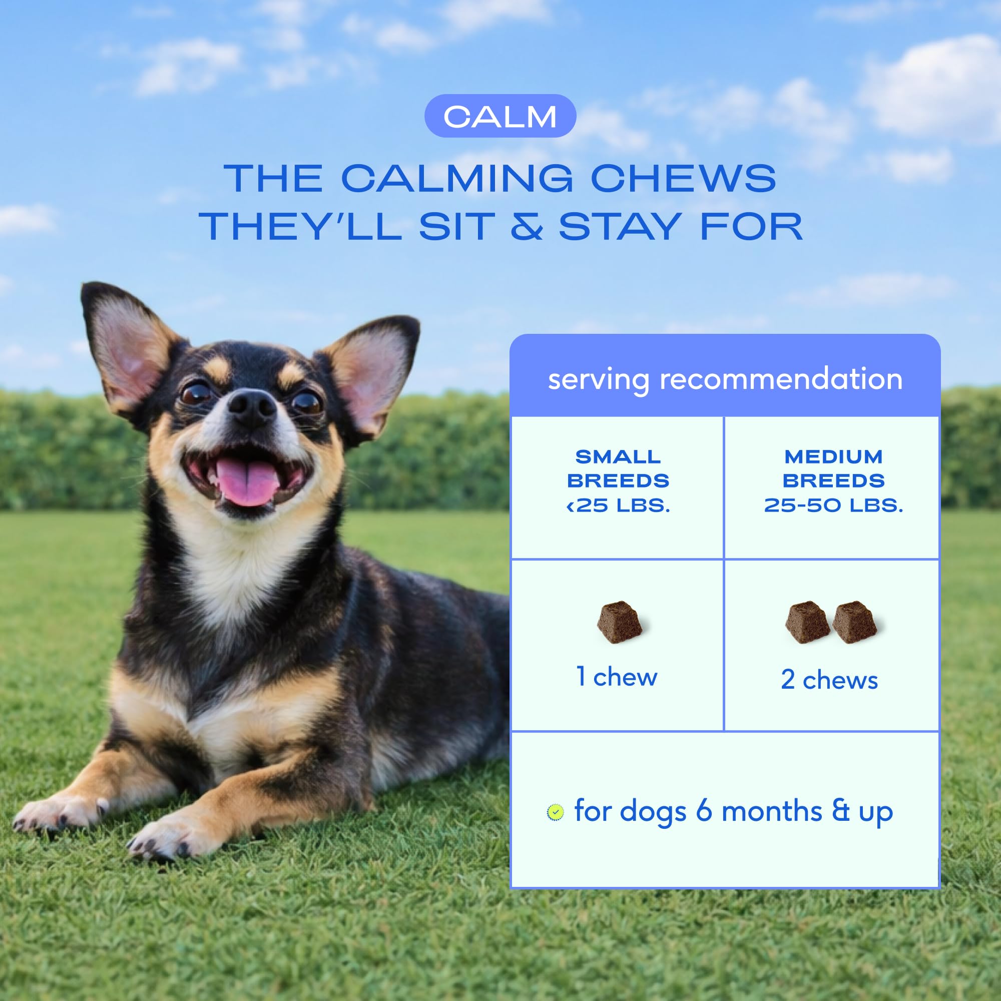 Dosing guide for Native Pet Calming Chews shows 1 chew per 25 lbs.
