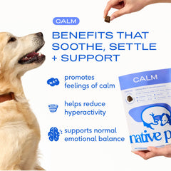 Native Pet Calming Chews packaging highlights ingredients and no fillers