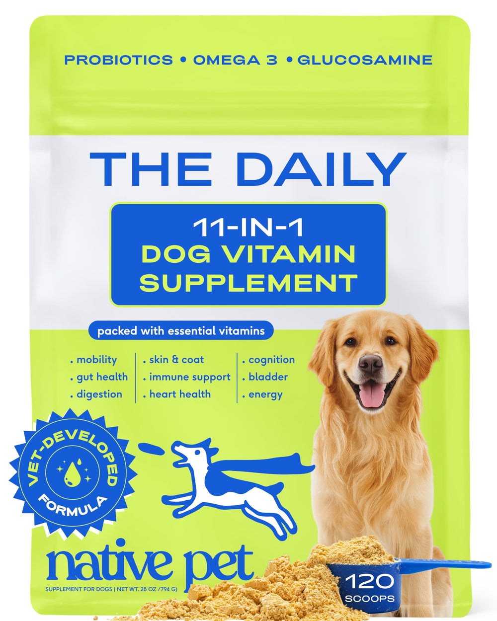 Native Pet The Daily Dog Vitamins bottle shows the 11-in-1 formula for gut and overall health