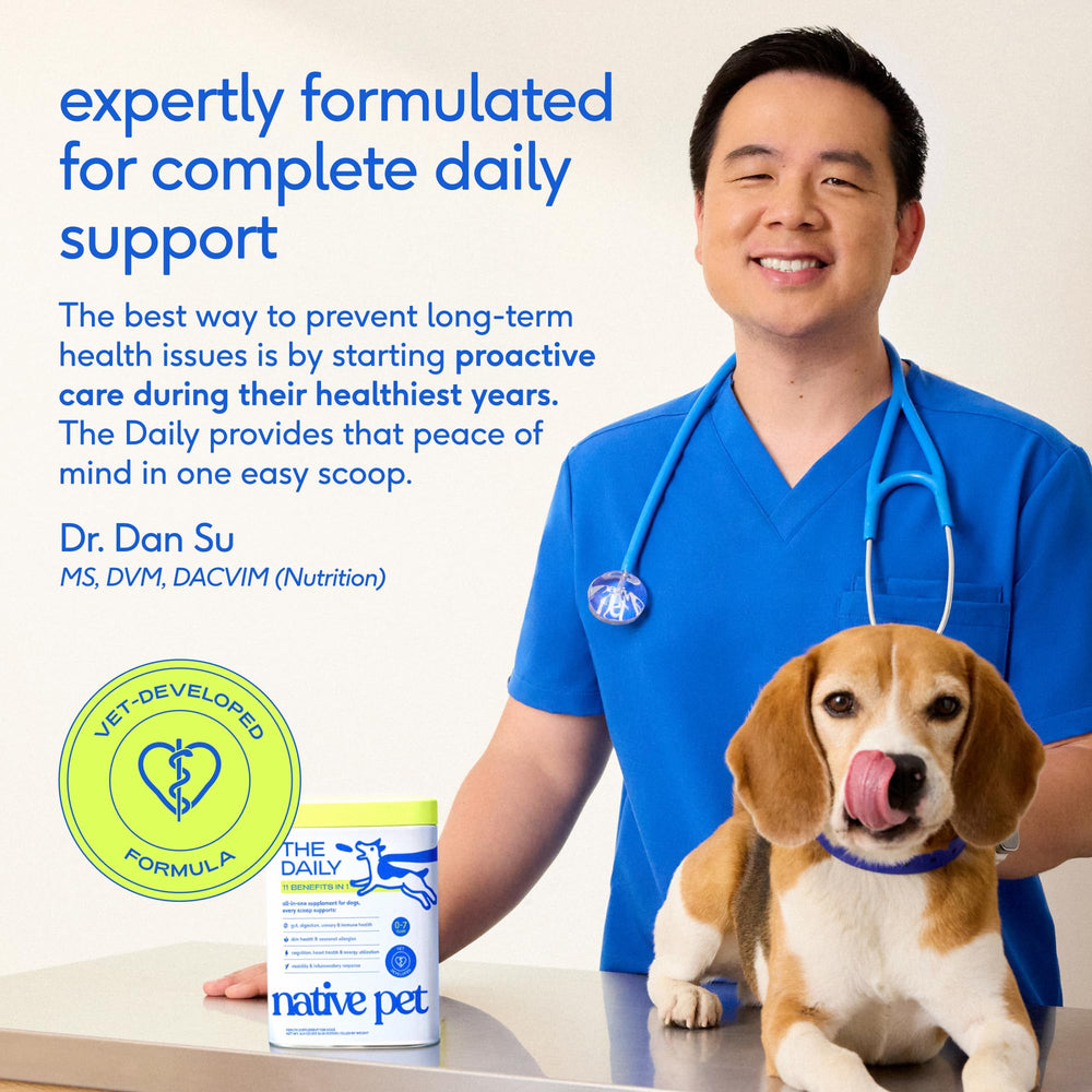 Native Pet The Daily Dog Vitamins measuring scoop shown beside a dog treat setup