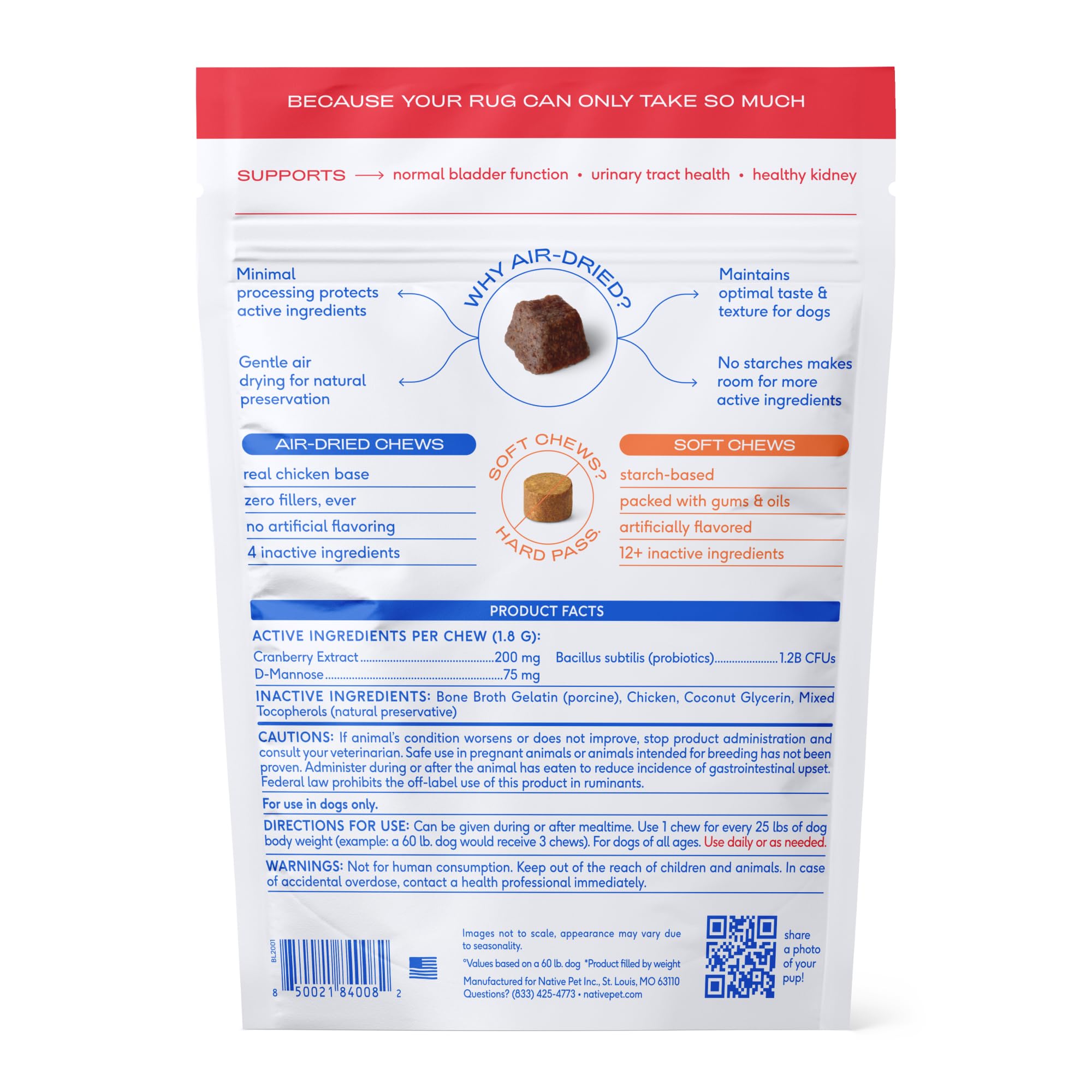 Bottle of Native Pet UTI chews with 60-count label.
