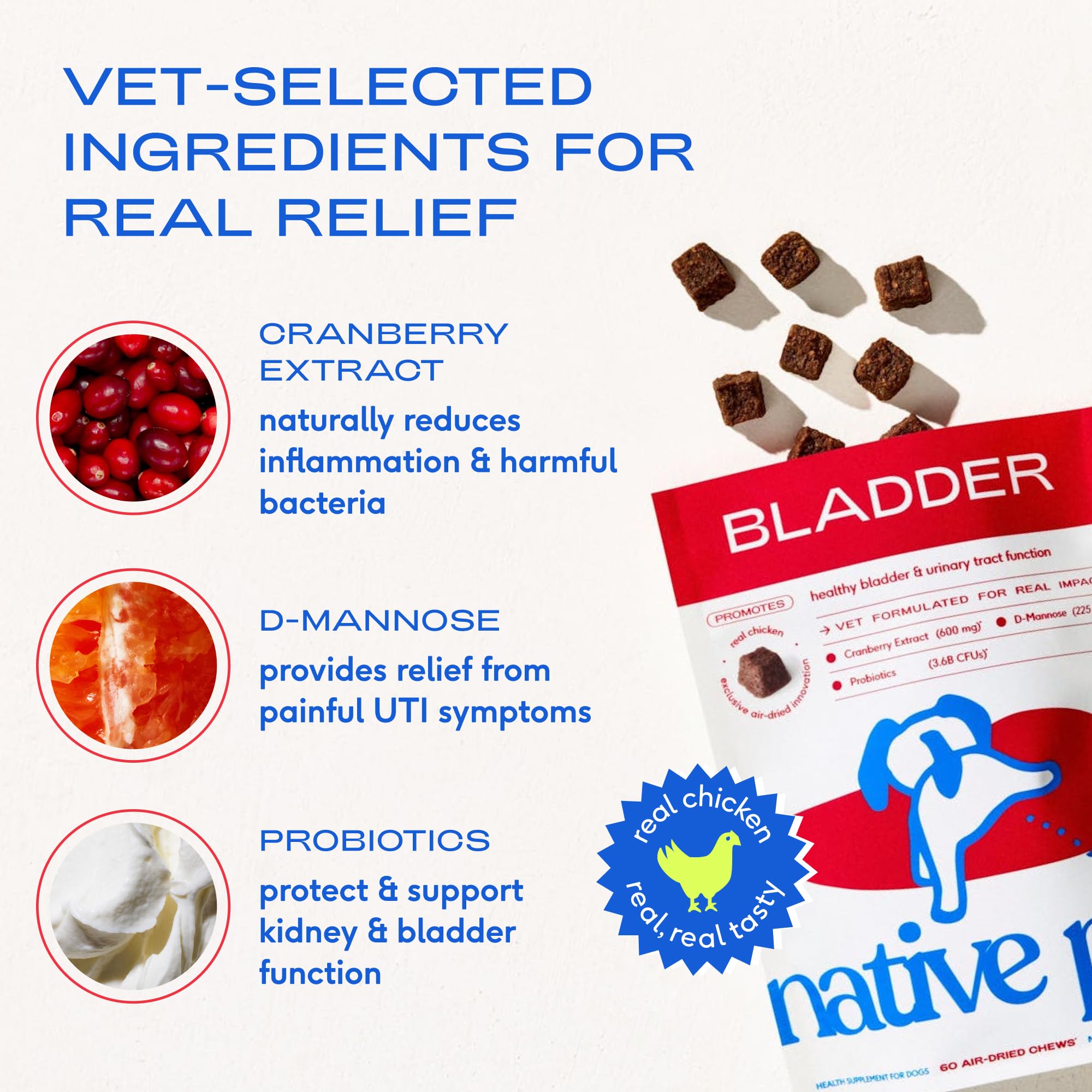 Native Pet UTI chews made in the USA with real chicken.