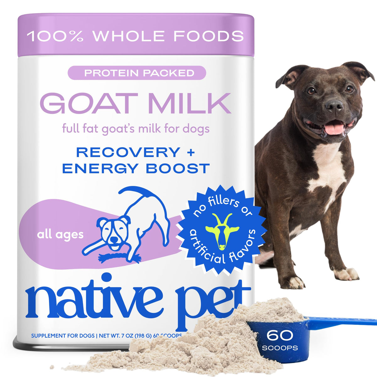 Native Pet Goat Milk Powder in dog bowl for energy and hydration