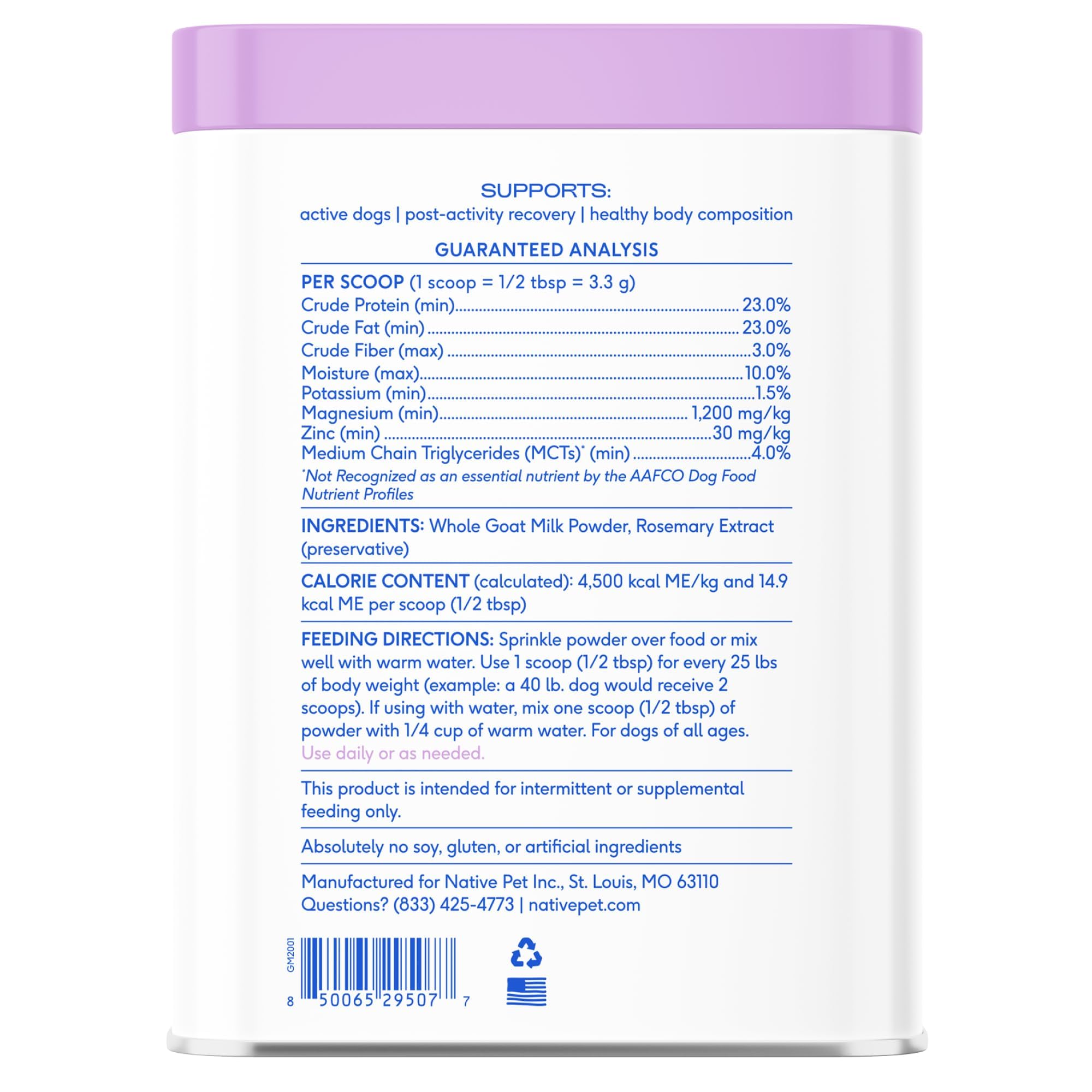 Native Pet Goat Milk Powder jar labeled Made in USA for trusted nutrition