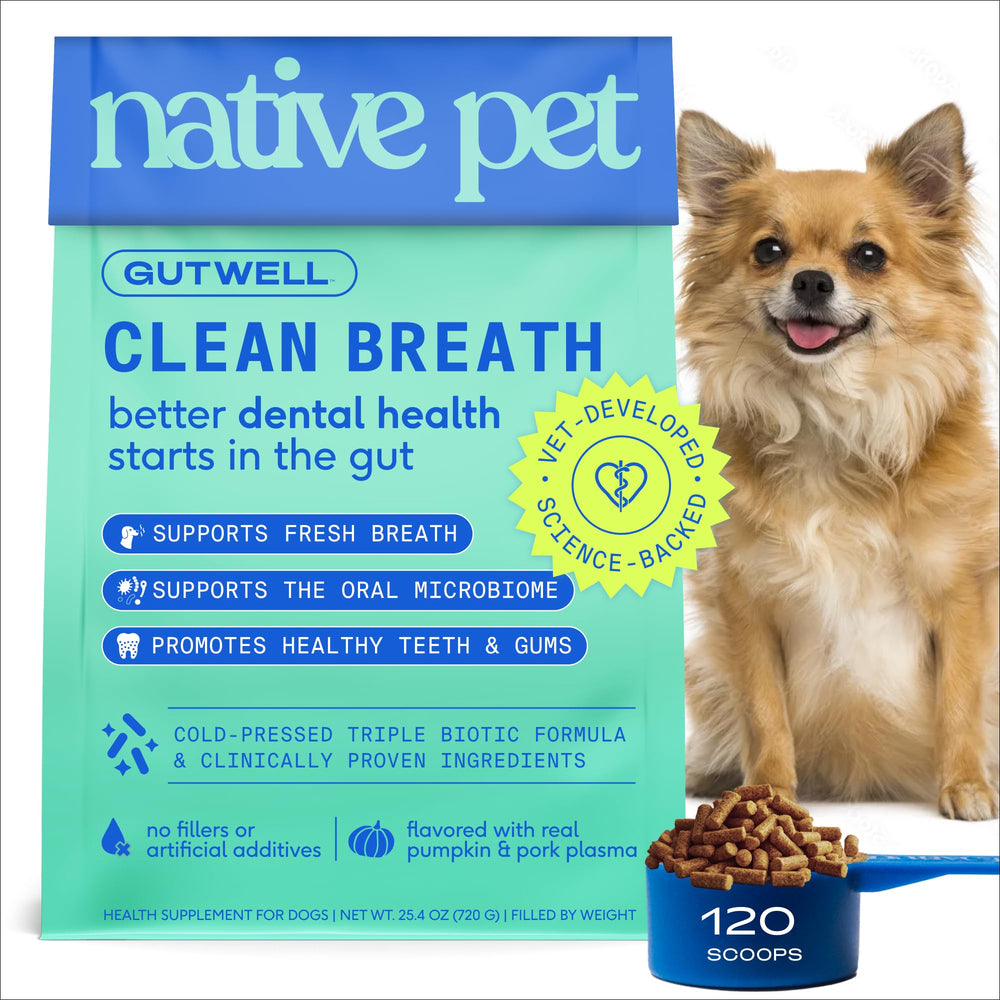 Native Pet GutWell Clean Breath tub shows daily powder for fresher breath.