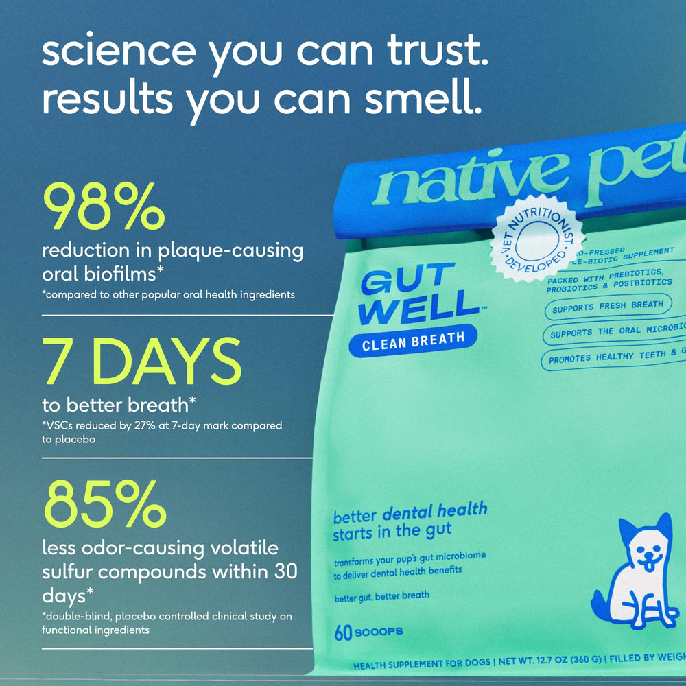 Native Pet GutWell gum health imagery suggests interior mouth support.