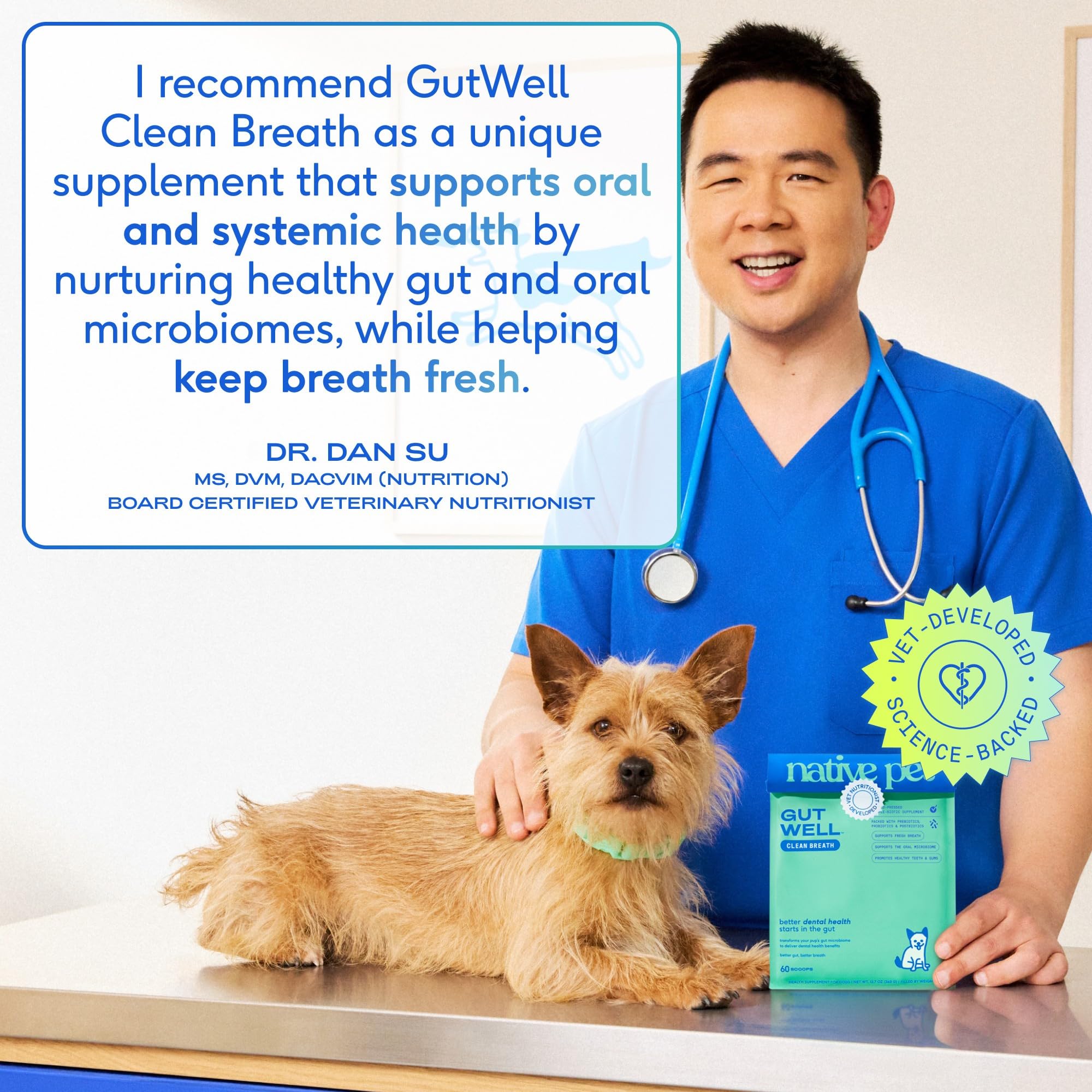 Native Pet GutWell triple-biotic blend label emphasizes probiotic support for oral health.