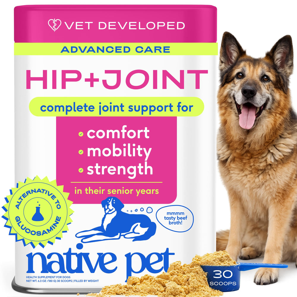 Native Pet Hip Joint powder in tub supports smoother dog mobility.