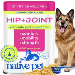 Native Pet Hip Joint powder in tub supports smoother dog mobility.