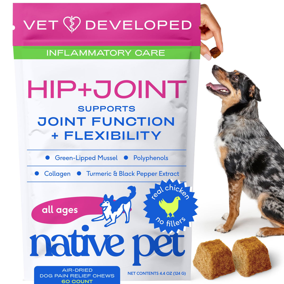 Native Pet Inflammatory Care chews with chicken for daily joint comfort and easy administration.
