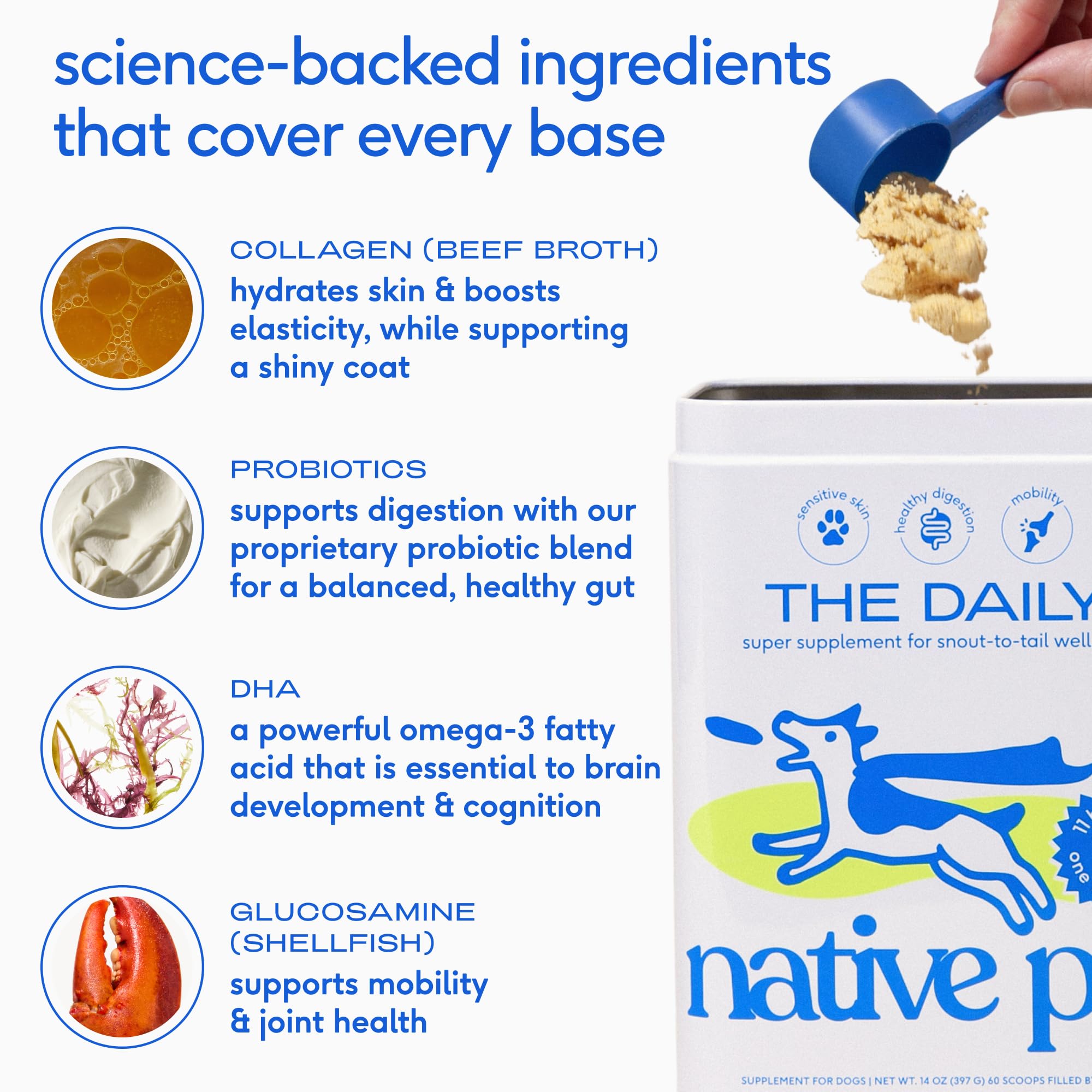 Native Pet joint support with collagen and glucosamine helps flexible joints.
