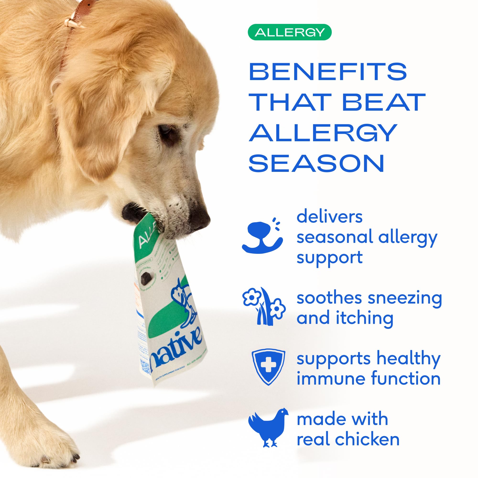 Native Pet large-breed allergy chews in a dish, suggesting daily use for seasonal itch relief.