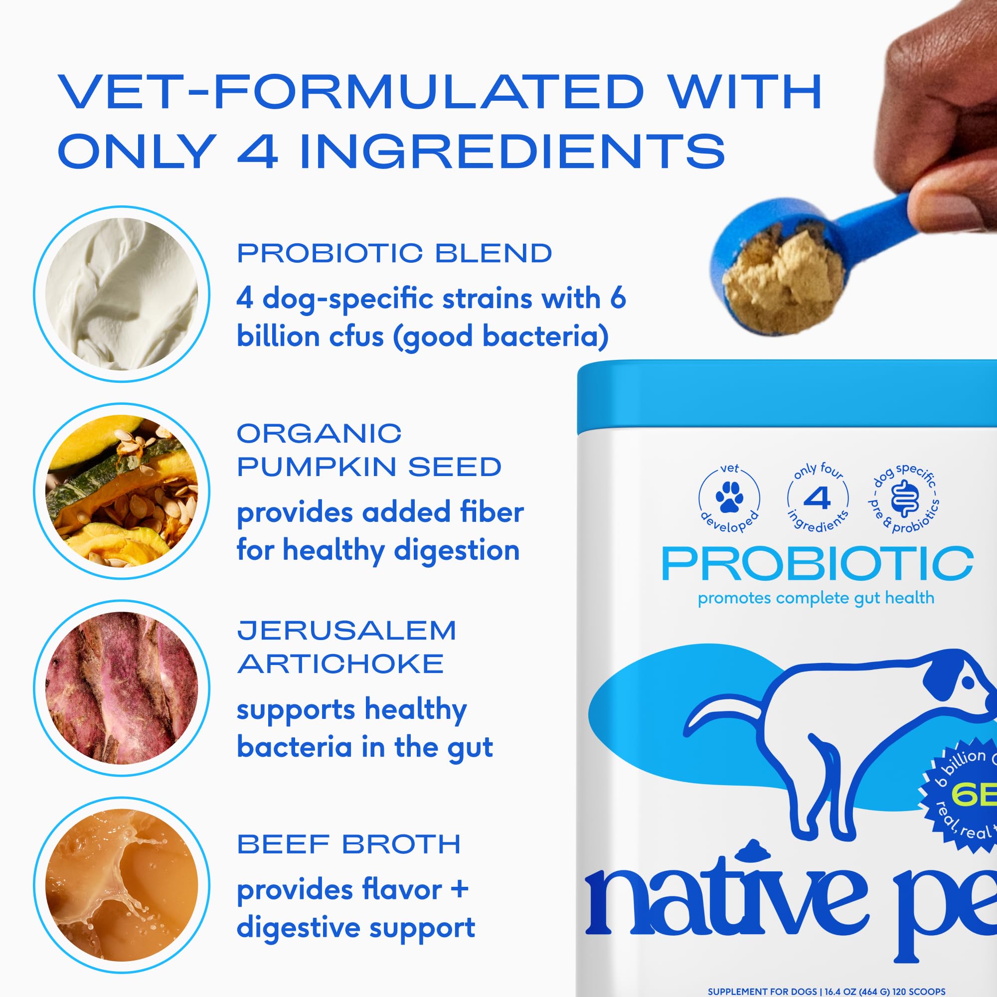 Native Pet Probiotics 6B CFUs strains detail emphasizes dog-specific gut balance.