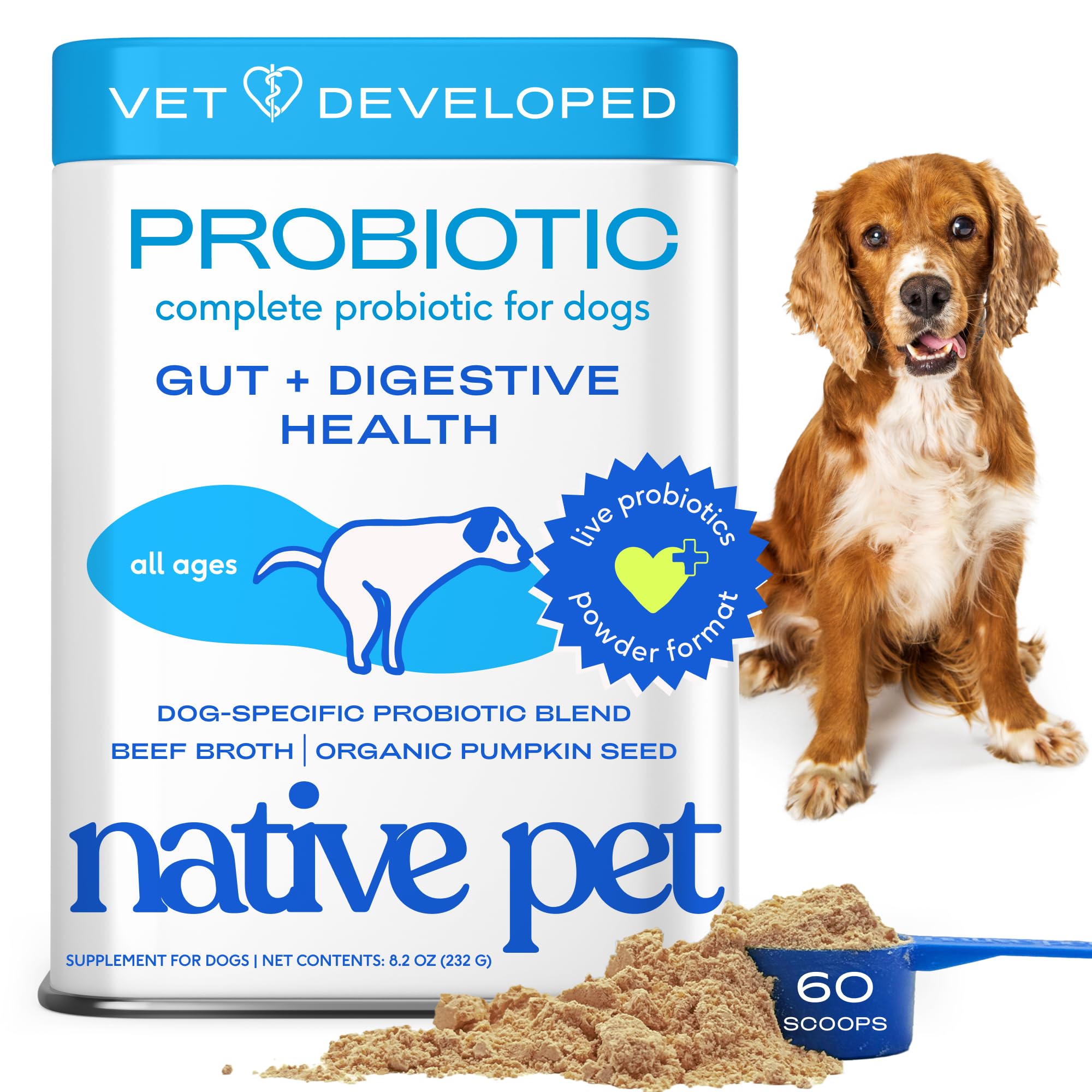 Native Pet Probiotics for Dogs bottle-front highlighting gut support.