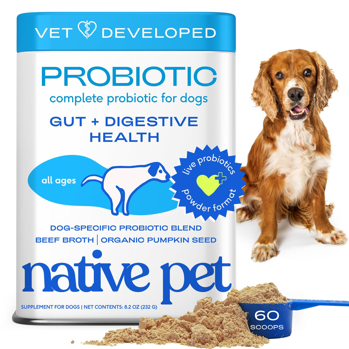 Native Pet Probiotics for Dogs bottle-front highlighting gut support.