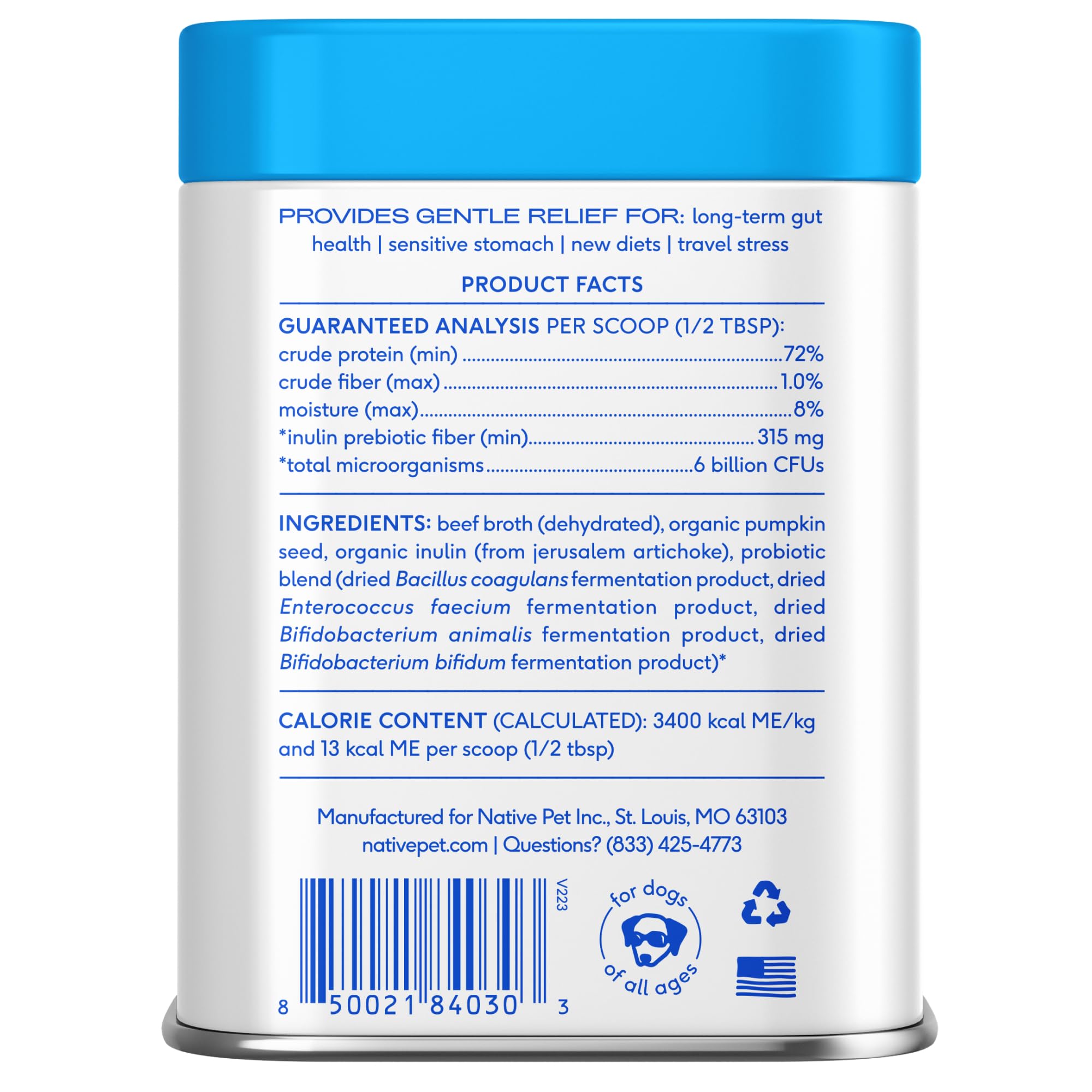 Native Pet Probiotics skin-support focus implies gut-skin benefits.